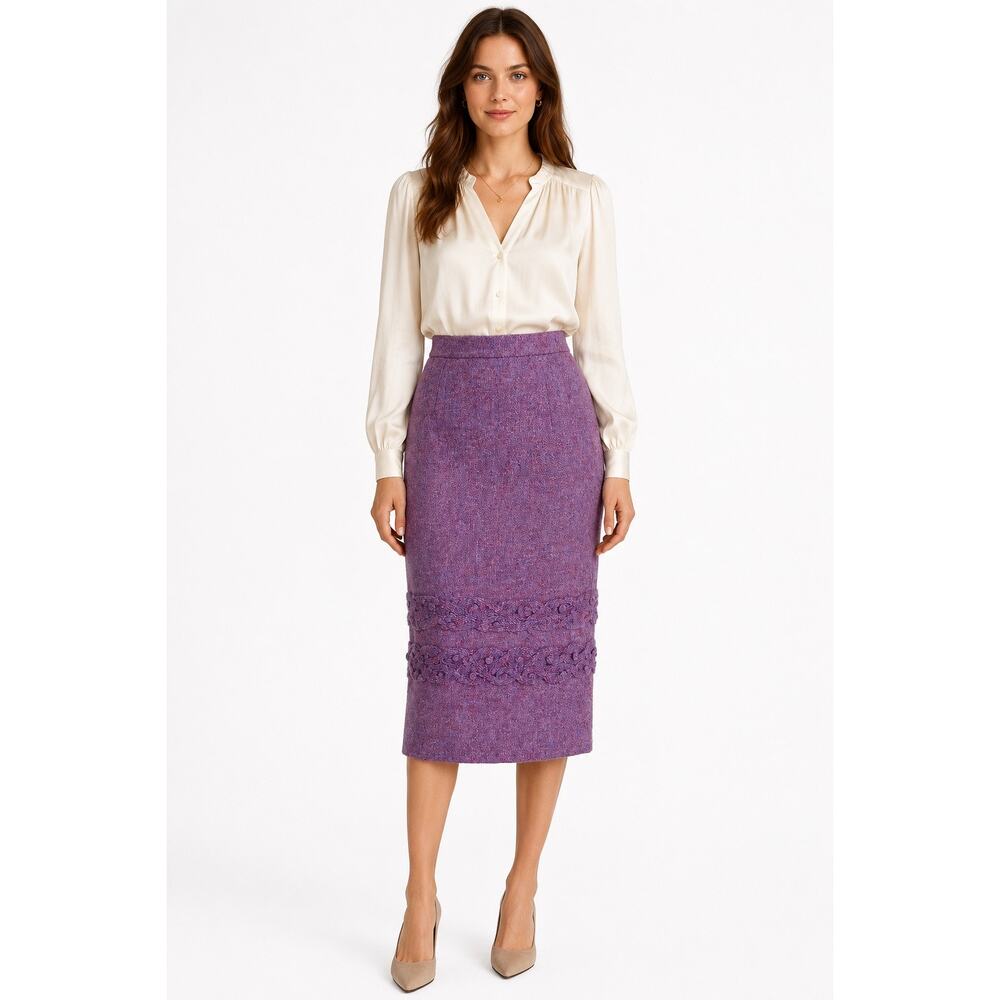 1990s Handmade Purple Tweed Wool Blend Pencil  knit appliqué Medium